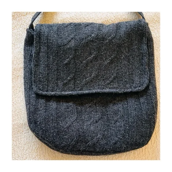 Vintage Y2K Charcoal Gray Cozy Wool Knit Purse Crossbody Bag with Front Flap - Picture 2 of 7
